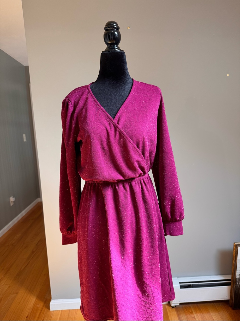 LOFT Sparkle Wrap-Style Long Sleeve Dress in Magenta